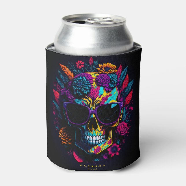 Floral Skull Colourful Retro Halloween Monogram Can Cooler (Can Front)