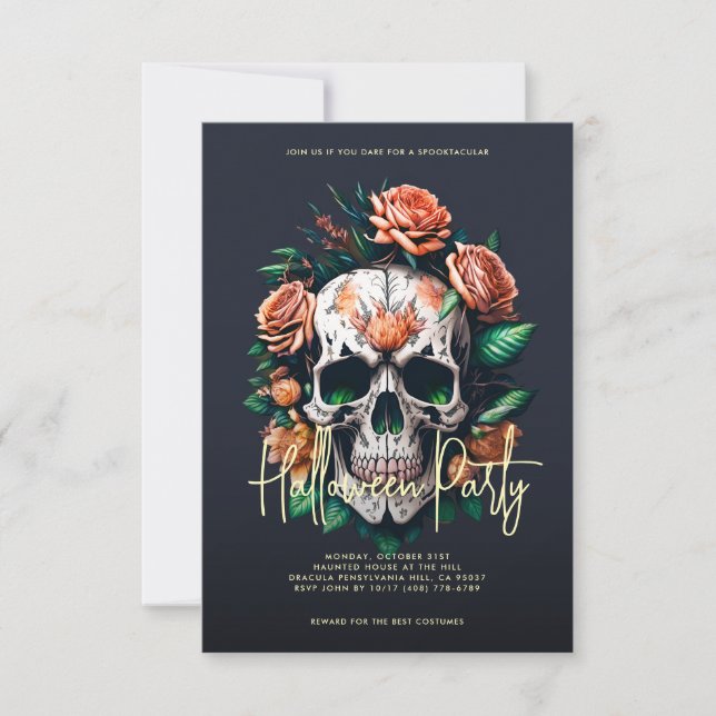Floral Skull Dark Grey Halloween Party Invitation (Front)