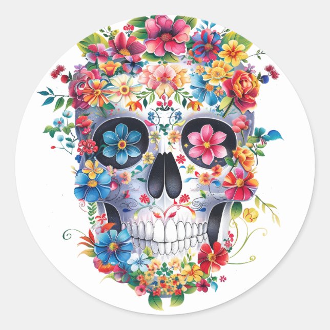 Floral Skull Design Classic Round Sticker (Front)