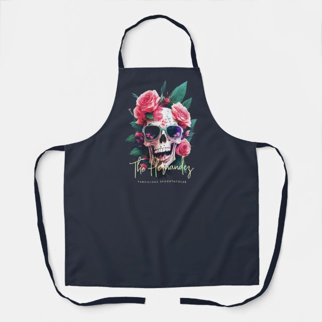 Floral Skull Family Name Halloween Monogram  Apron (Front)