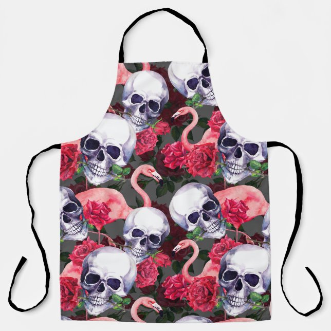 Floral skull, flamingo seamless pattern. apron (Front)