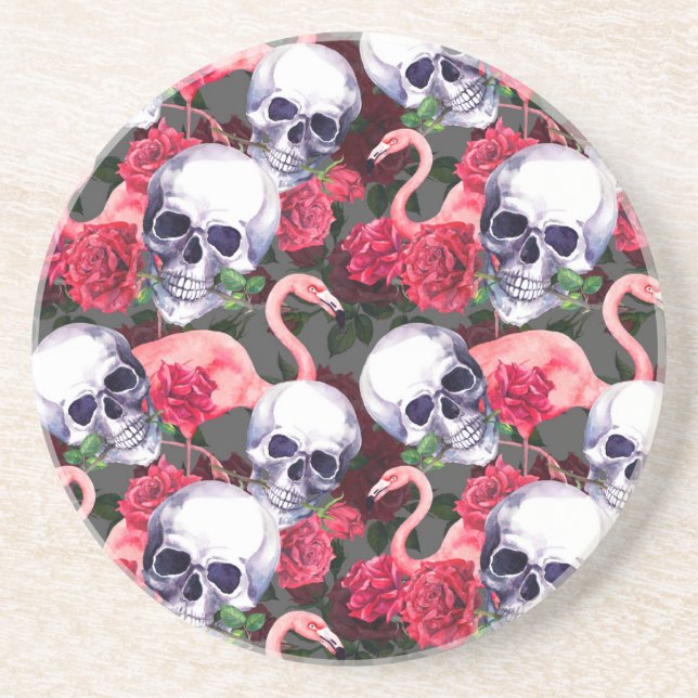 Floral skull, flamingo seamless pattern. coaster (Front)