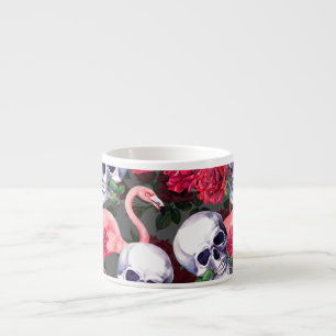 Floral skull, flamingo seamless pattern. espresso cup