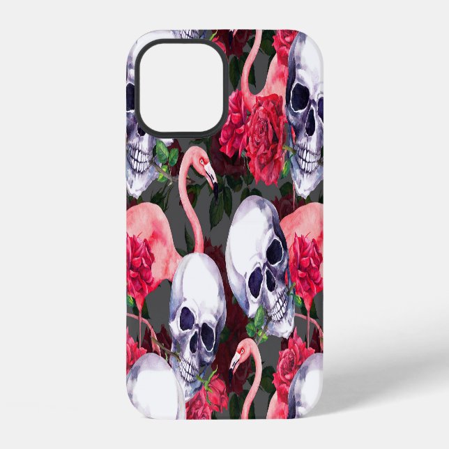 Floral skull, flamingo seamless pattern. iPhone case (Back)