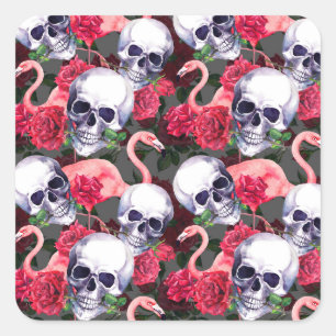Floral skull, flamingo seamless pattern. square sticker