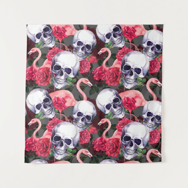 Floral skull, flamingo seamless pattern. tapestry (Front)