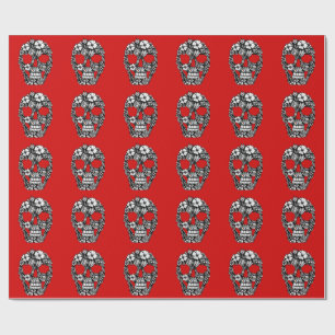 floral skull flowers intricate gothic black wrapping paper