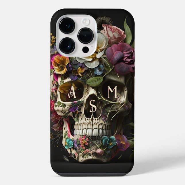 Floral Skull Goth Pagan Monogram Initials iPhone Case (Back)