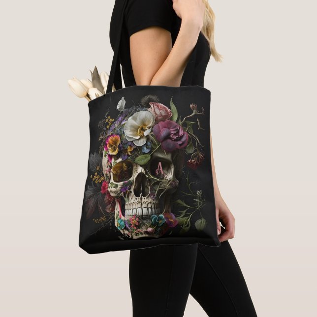 Floral Skull Goth Pagan Monogram Tote Bag (Close Up)