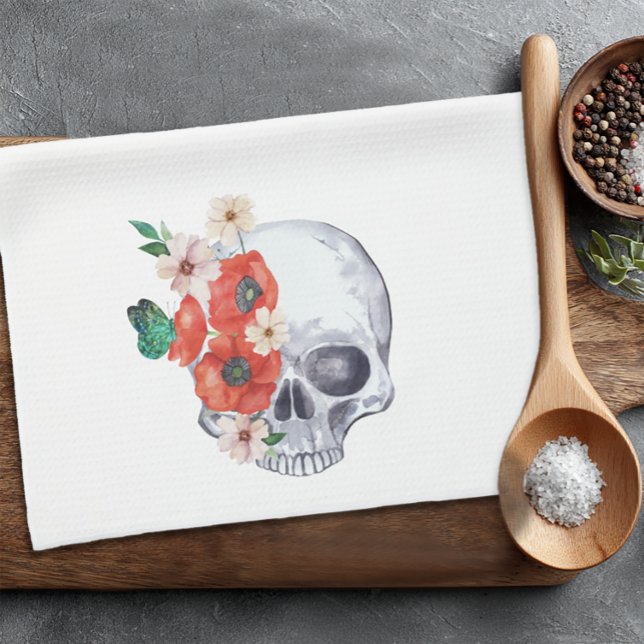 Floral Skull Goth Tea Towel (Boho Halloween Skull Towel)