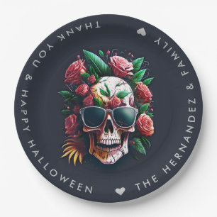 FLORAL SKULL Halloween Party Family Name Custom Paper Plate