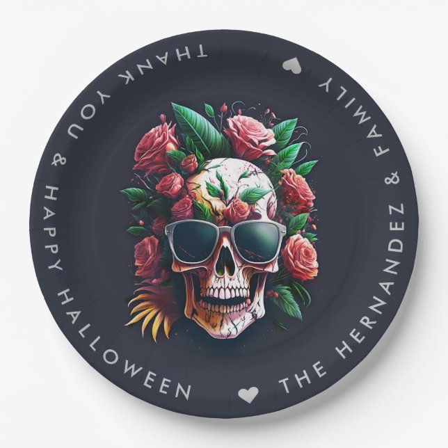 FLORAL SKULL Halloween Party Family Name Custom Paper Plate (Front)