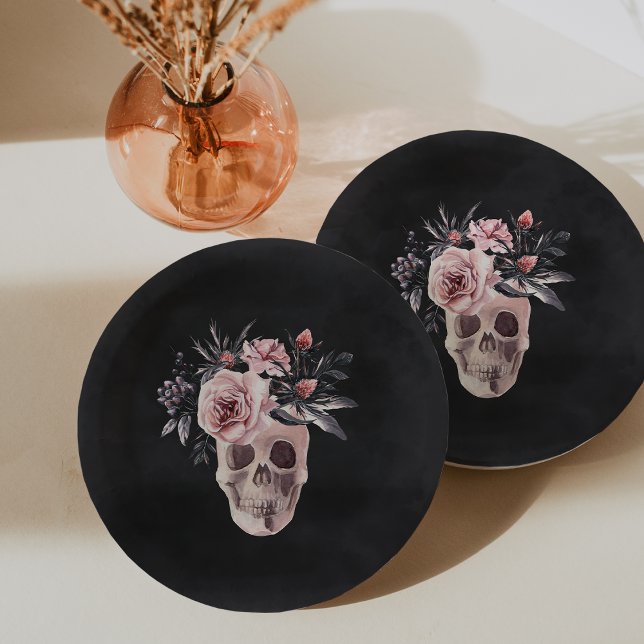 Floral Skull Halloween Party Paper Plate (Creator Uploaded)