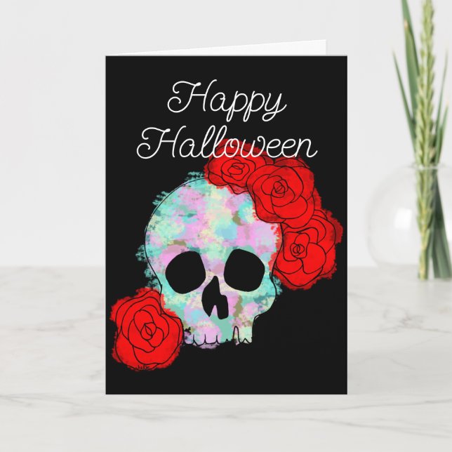Floral Skull Happy Halloween Greeting Card (Front)