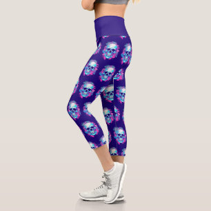 Floral Skull in Vaporwave Style Capri Leggings