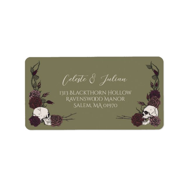 Floral Skull Olive Green Gothic Return Address Label (Front)