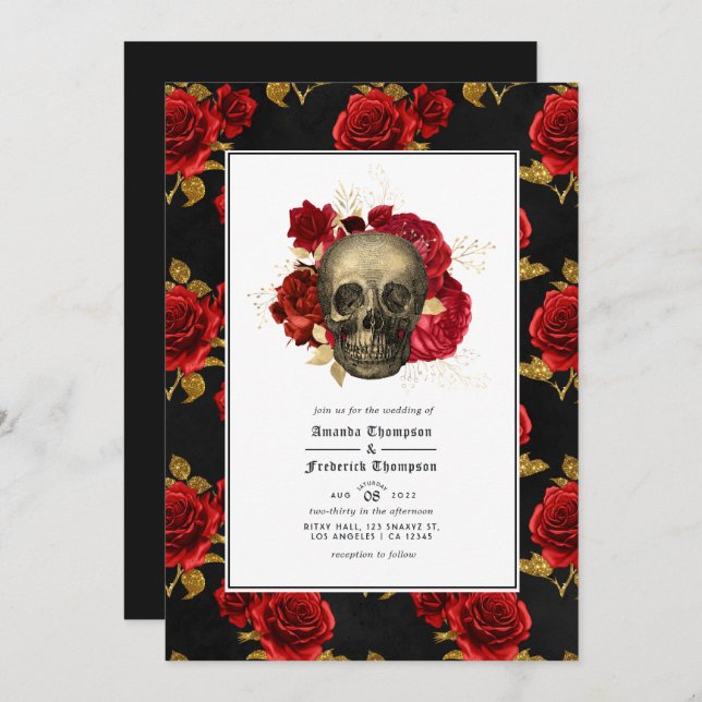 Floral Skull QR Code RSVP Gothic Wedding Invitation (Front/Back)