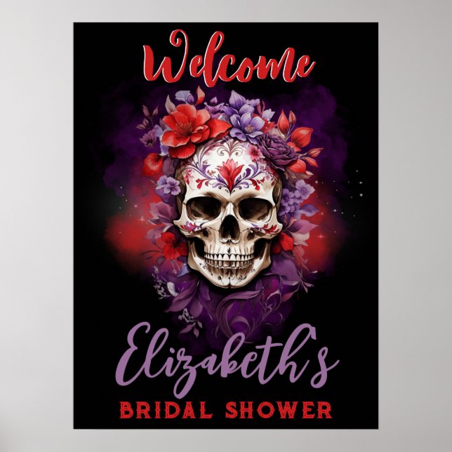 Floral Skull Red/ Purple Halloween Welcome Sign (Front)