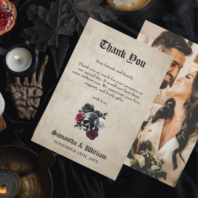 Floral Skull Rustic Photo Halloween Wedding Thank You Card (Creator Uploaded)