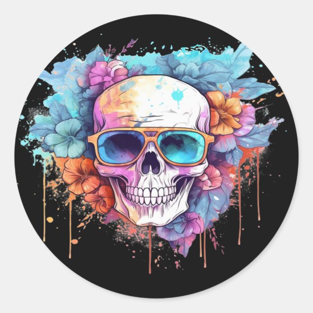 Floral Skull Shades Classic Round Sticker (Front)