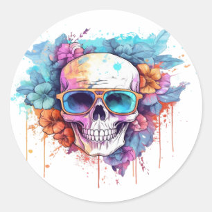 Floral Skull Shades Classic Round Sticker