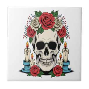 Floral Skull with Candles Halloween Ceramic Tile