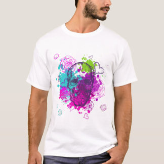 Floral Skull with Feathers and Hearts – Pink Backg T-Shirt
