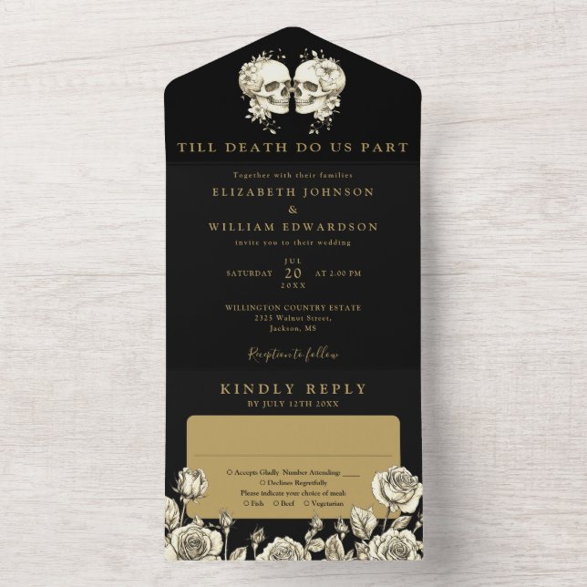 Floral Skulls Black And Gold Gothic Wedding All In One Invitation (Inside)