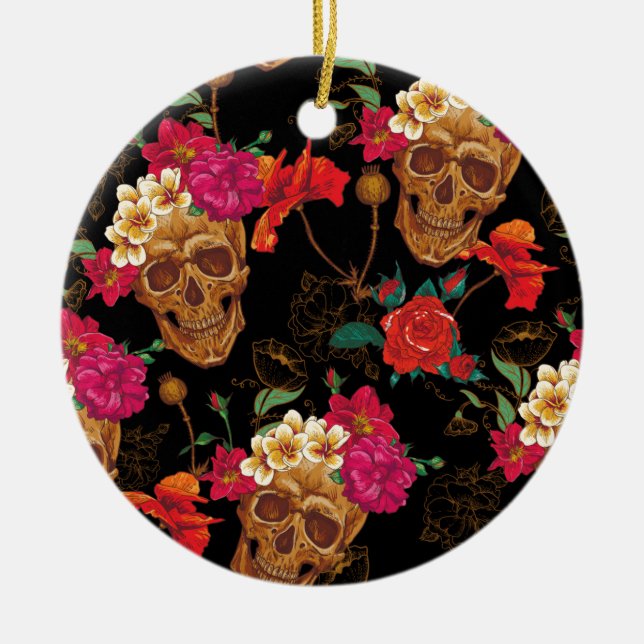 floral Skulls Ceramic Tree Decoration (Front)