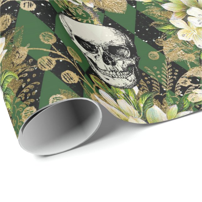 Floral & Skulls Gothic Grunge Christmas Pattern Wrapping Paper (Roll Corner)