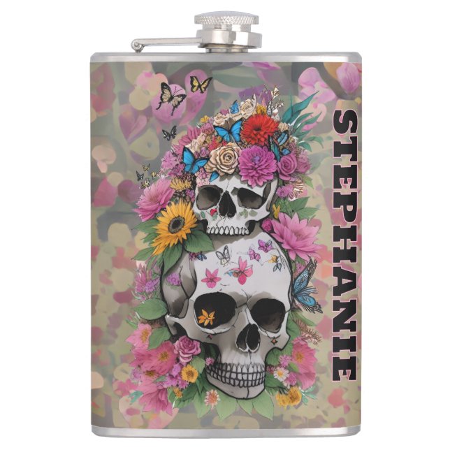 Floral Skulls Leopard Print Customisable Name Hip Flask (Front)
