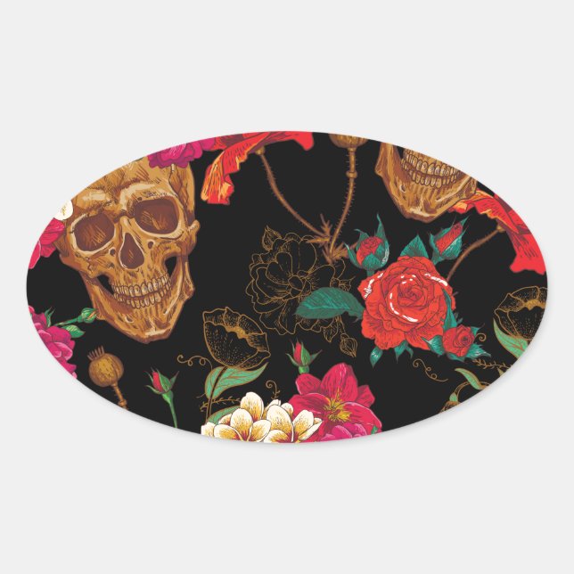 floral Skulls Oval Sticker (Front)