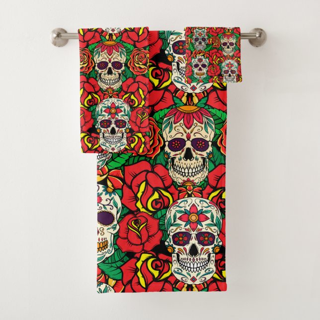Floral Skulls Pattern Bath Towel Set (Insitu)
