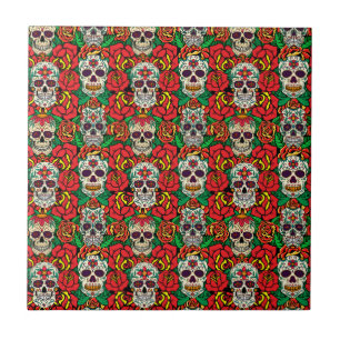Floral Skulls Pattern Ceramic Tile