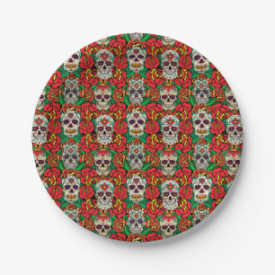Floral Skulls Pattern Paper Plate