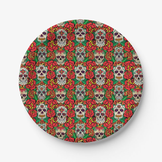 Floral Skulls Pattern Paper Plate (Front)