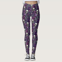 Floral Skulls Purple Flowers Gothic Leggings