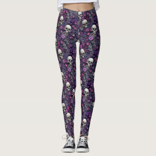 Floral Skulls Purple Flowers Gothic Leggings