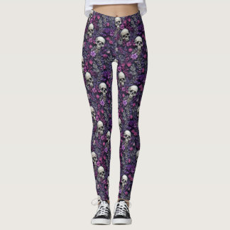 Floral Skulls Purple Flowers Gothic Leggings