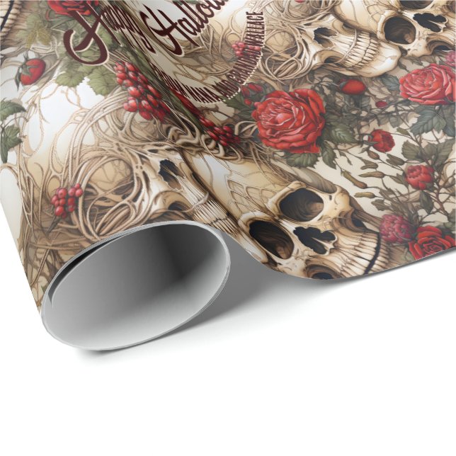 Floral Skulls Red Roses Gothic Wedding Halloween Wrapping Paper (Roll Corner)