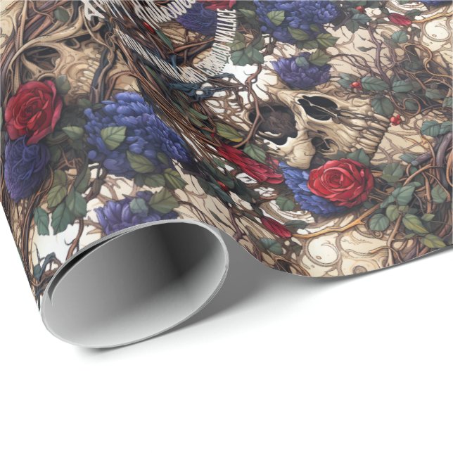 Floral Skulls Roses Blue Flowers Gothic Wrapping Paper (Roll Corner)