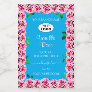 Floral Sky Blue Product Labels Pink Roses Add Logo
