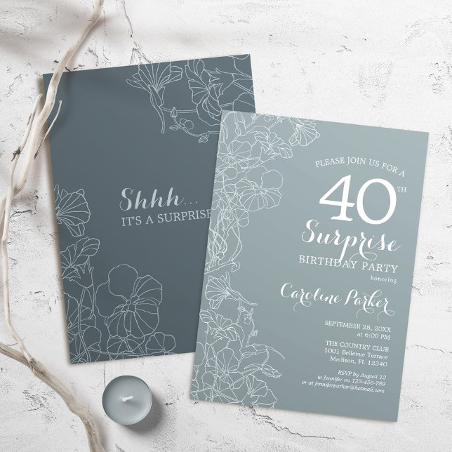 Floral Slate Blue Surprise 40th Birthday Party Invitation (Creator Uploaded)