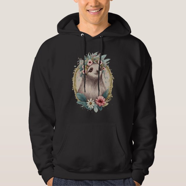 Floral Sloth Flower Crown Cute Watercolor Hoodie (Front)