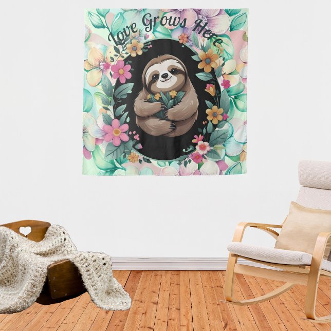 Floral Sloth Love Grows Here Tapestry (Creator Uploaded)