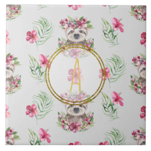 Floral SLOTH Monogram Pattern Girls Nursery Room Ceramic Tile