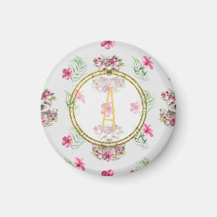 Floral SLOTH Monogram Pattern Girls Nursery Room Magnet