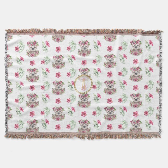 Floral SLOTH Monogram Pattern Girls Nursery Room Throw Blanket (Front)