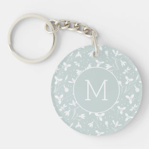 Floral Snowdrop Pattern Monogram. Pastel Green Key Ring