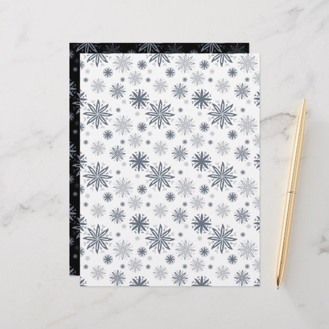 Floral Snowflake White and Black Scrapbook Paper (Front/Back In Situ)
